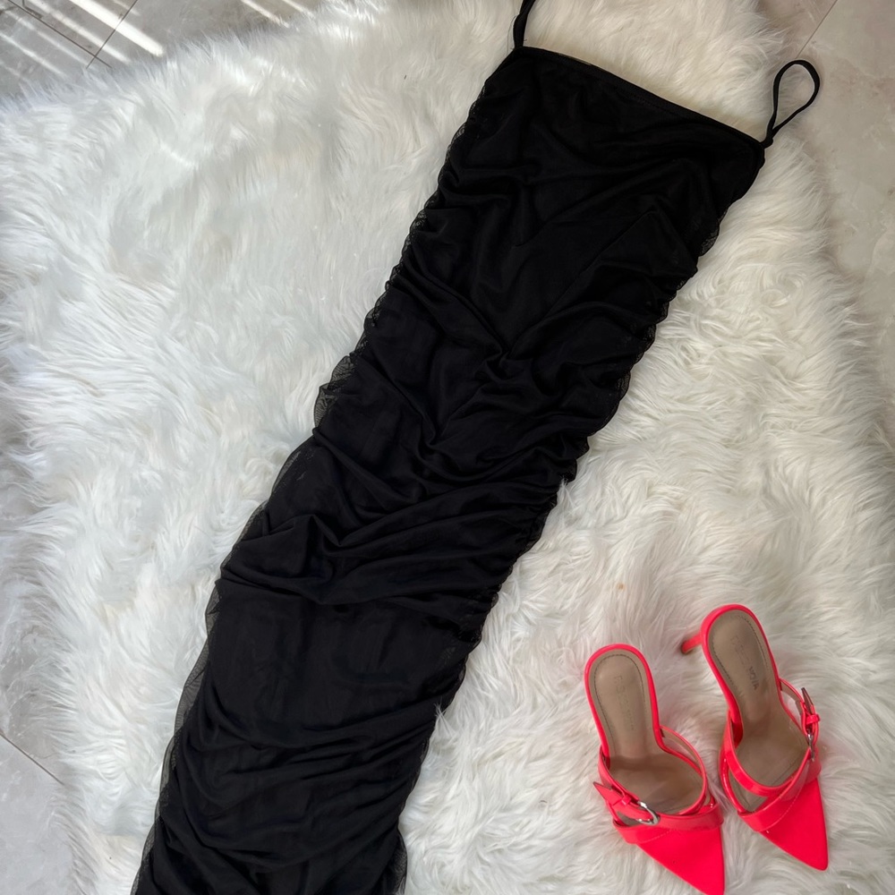 Black Strappy Mesh Ruched Midaxi Dress